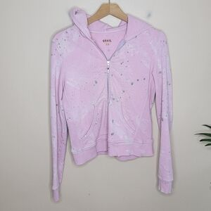 Y2K Grail | Distressed Splatter Zip Front Hoodie Sweatshirt with Skull on Back